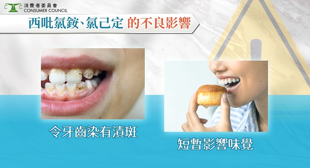 西吡氯銨（cetylpyridinium chloride, CPC）、氯己定（Chlorhexidine）會令牙齒有漬斑及短暫影響味覺。