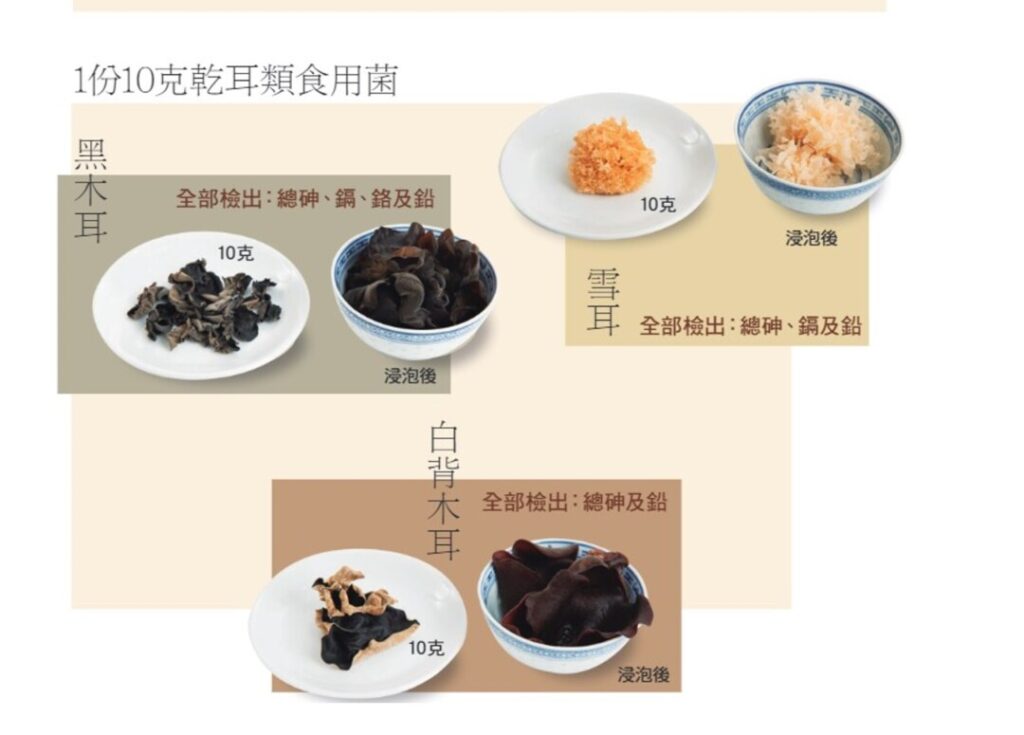 10克木耳食用菌浸泡後分量及驗出的污染物。