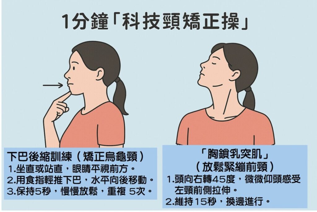 1分鐘「科技頸矯正操」，幫助矯正低頭族姿勢，放鬆緊繃前頸，矯正烏龜頸。