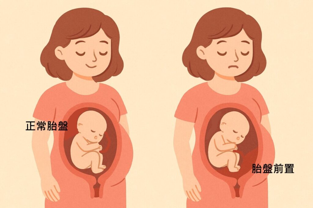 正確胎位及胎盤前置的孕婦對比圖，這種異常位置可能在妊娠後期或分娩時引發無痛性陰道出血，嚴重時可能導致休克。