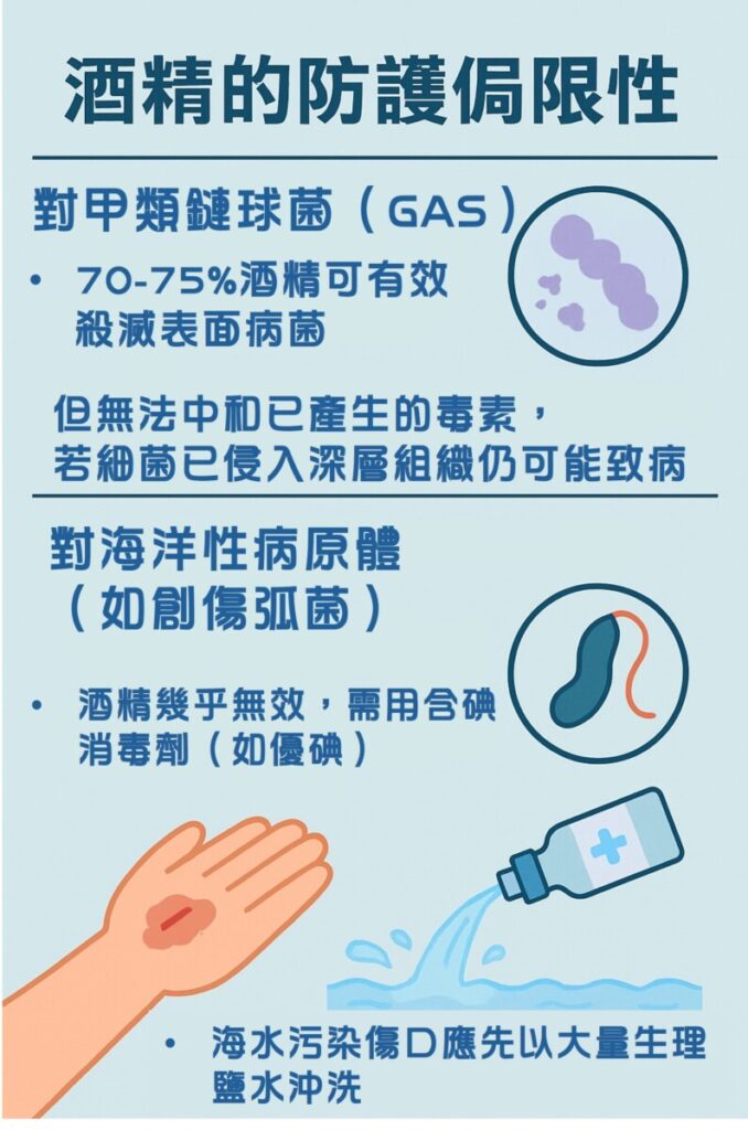 酒精對某些食肉菌效果有限，家中急救箱應備齊優碘、無菌敷料、生理鹽水，避免單一依賴酒精。