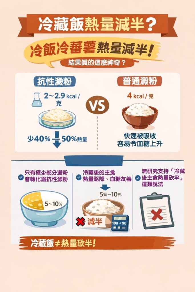 冷藏可稍微增加抗性澱粉、改善血糖反應，但無法讓一碗飯的熱量減半。網路上將抗性澱粉與整體熱量簡單畫上等號，是一種錯誤類比。