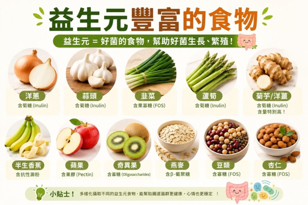 益生元是好菌的食物，幫助好菌生長、繁殖。