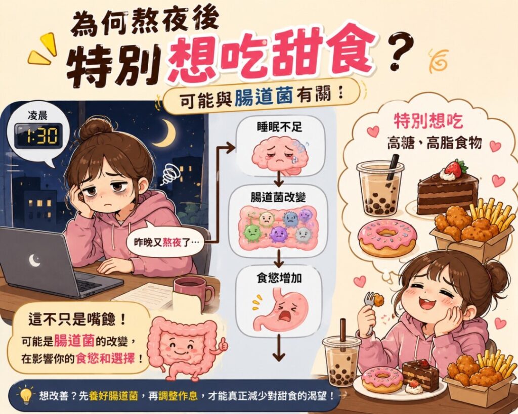 連續熬夜，不只是累，還可能令你愈來愈想吃甜食，這可能不是嘴饞，而是腸道菌正在影響你。