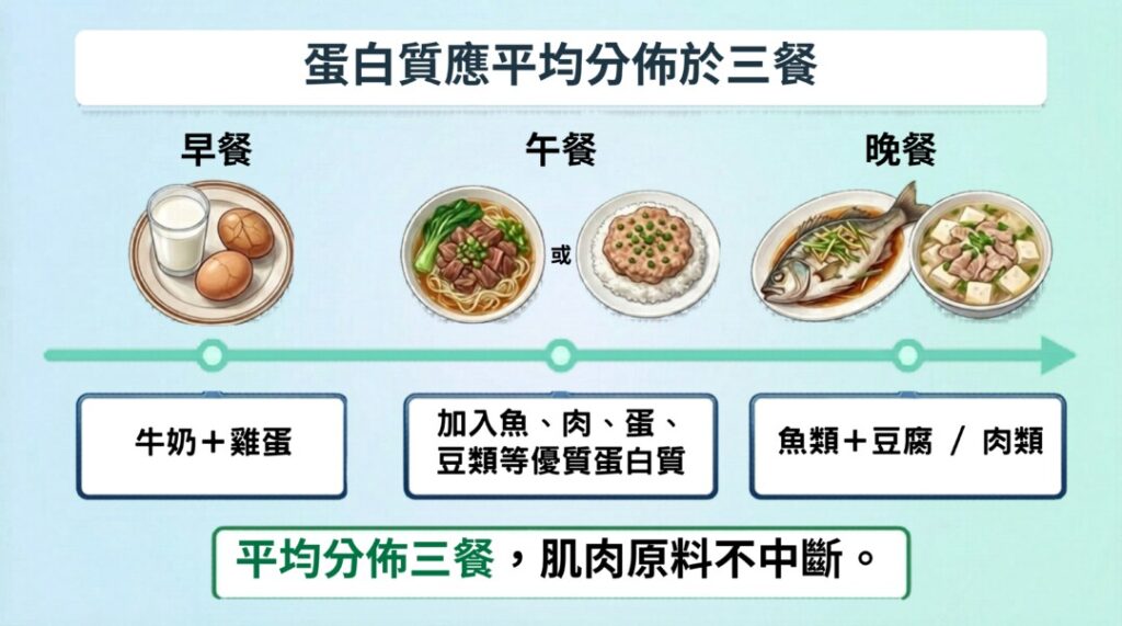 預防肌少症，肌肉原料不能中斷！蛋白質不要集中在晚餐，應均勻分配。