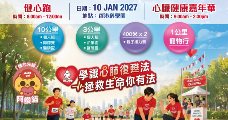 由香港心臟專科學院主辦的「世界心臟日2026-27健心跑暨心臟健康嘉年華」將於2027年1月10日（星期日）於香港科學園舉行。今年主題為「學識心肺復甦法 拯救生命你有法」，並由健心先鋒「阿讚貓」陪伴大家一齊Run for Heart！