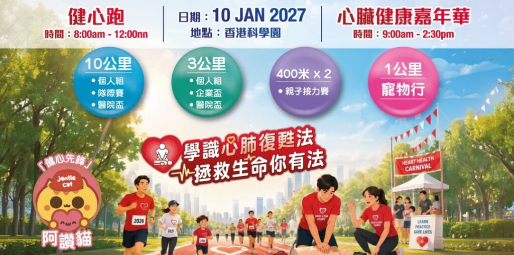 由香港心臟專科學院主辦的「世界心臟日2026-27健心跑暨心臟健康嘉年華」將於2027年1月10日（星期日）於香港科學園舉行。今年主題為「學識心肺復甦法 拯救生命你有法」，並由健心先鋒「阿讚貓」陪伴大家一齊Run for Heart！